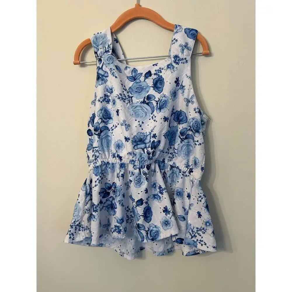 Tahari Girls Blue White Floral 2 Pc Matching Set Peplum Top Wide Leg Pants Sz 12
